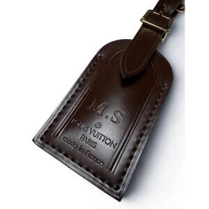 Louis Vuitton Leather Tag Brown w/ MS Initials Damier Ebene Gold-tone Small